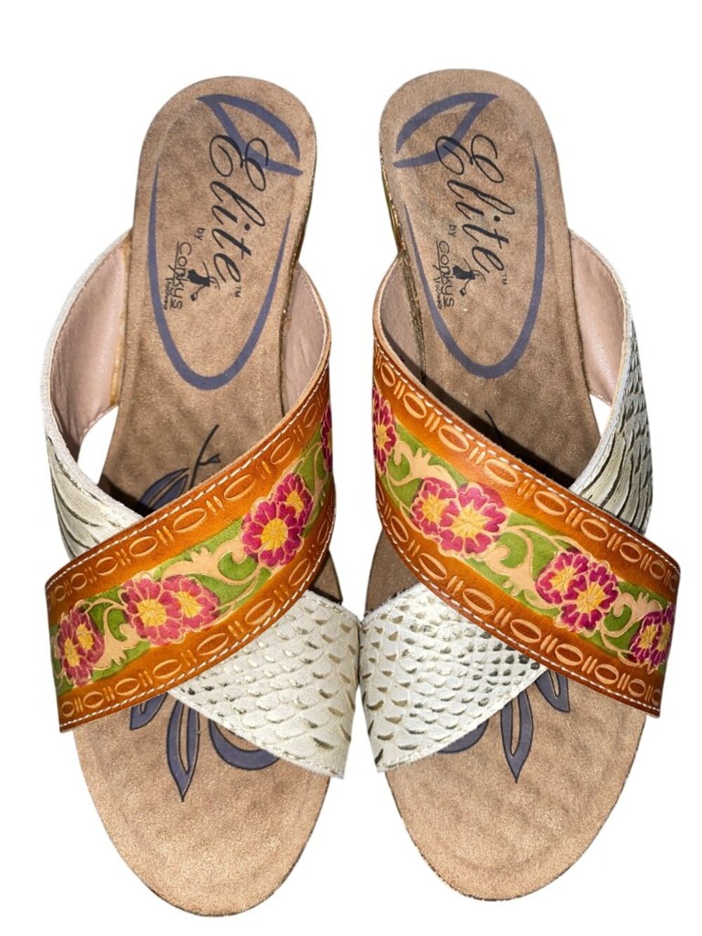 Elite Corkys Floral Wedge Sandals Embossed Leather Straps Size 8 artsy Comfort